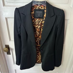 Vintage Guess Fitted One Button Black Blazer Equestrian Style Leopard Lining